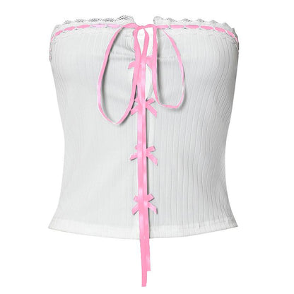 Bowknot ribbon ribbed lace hem backless tube top