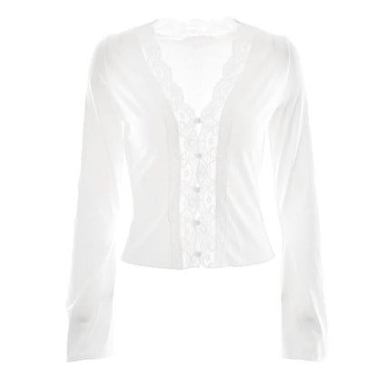 Long sleeve deep V neck lace hem hollow out cut out top