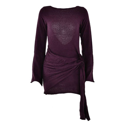 Long sleeve flower applique ruched backless mini dress