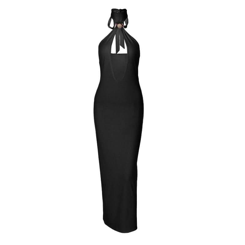 Self tie halter hollow out backless cut out midi dress