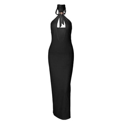 Self tie halter hollow out backless cut out midi dress