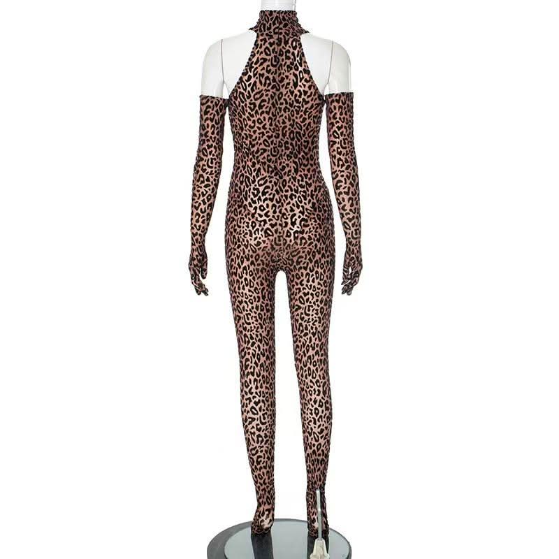 Leopard print high neck gloves zip-up jumpsuit