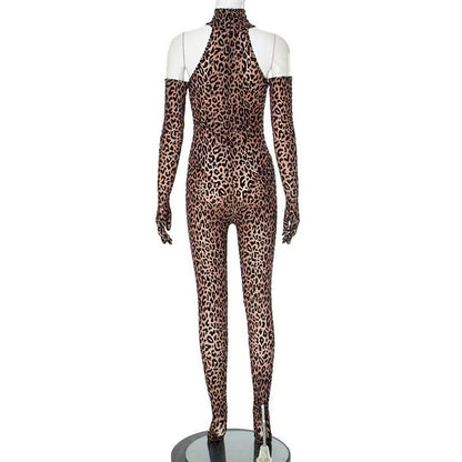 Leopard print high neck gloves zip-up jumpsuit