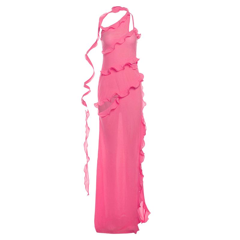 One shoulder ruffle irregular high slit maxi dress