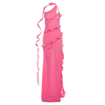 One shoulder ruffle irregular high slit maxi dress