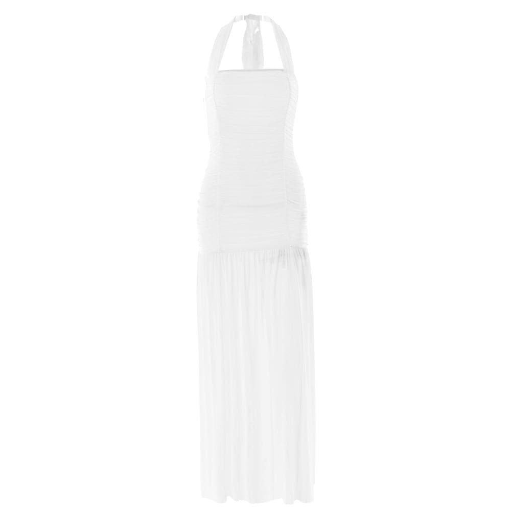 Halter ruched backless solid maxi dress
