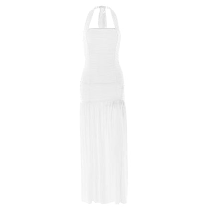 Halter ruched backless solid maxi dress