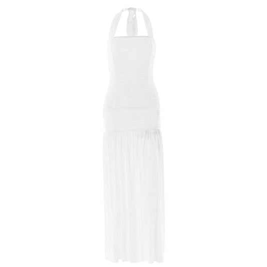Halter ruched backless solid maxi dress