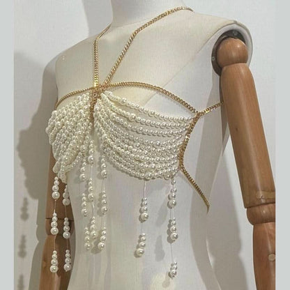Metal chain beaded hollow out backless cut out top