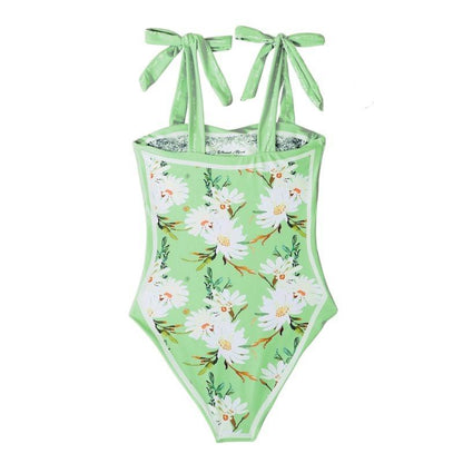 Contrast print self tie 2-way one piece swimwear