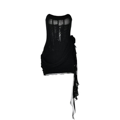 U neck bustier ruffle flower applique tube mini dress