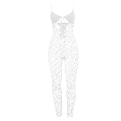 V neck hollow out solid lace cami jumpsuit