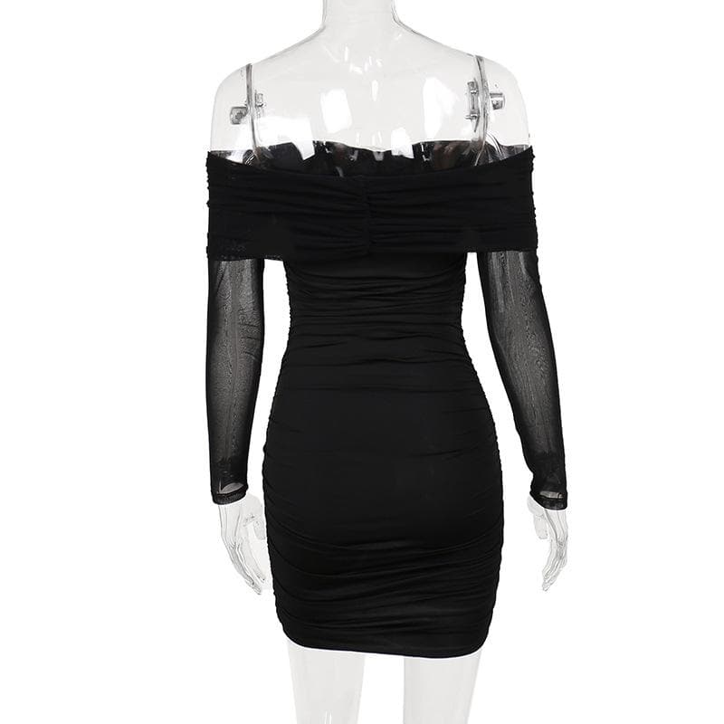 Flower applique mesh ruched off shoulder long sleeve mini dress