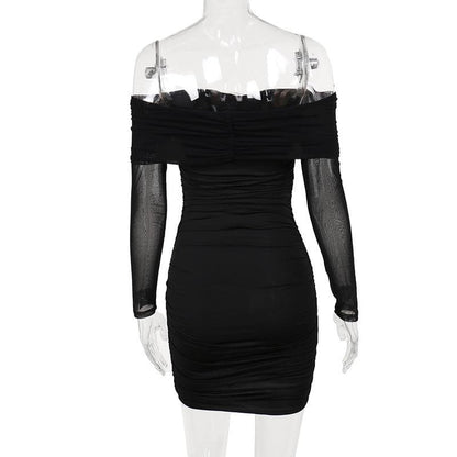 Flower applique mesh ruched off shoulder long sleeve mini dress