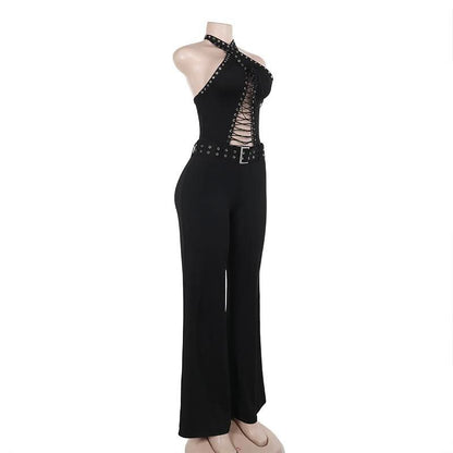 Halter lace up hollow out self tie backless jumpsuit