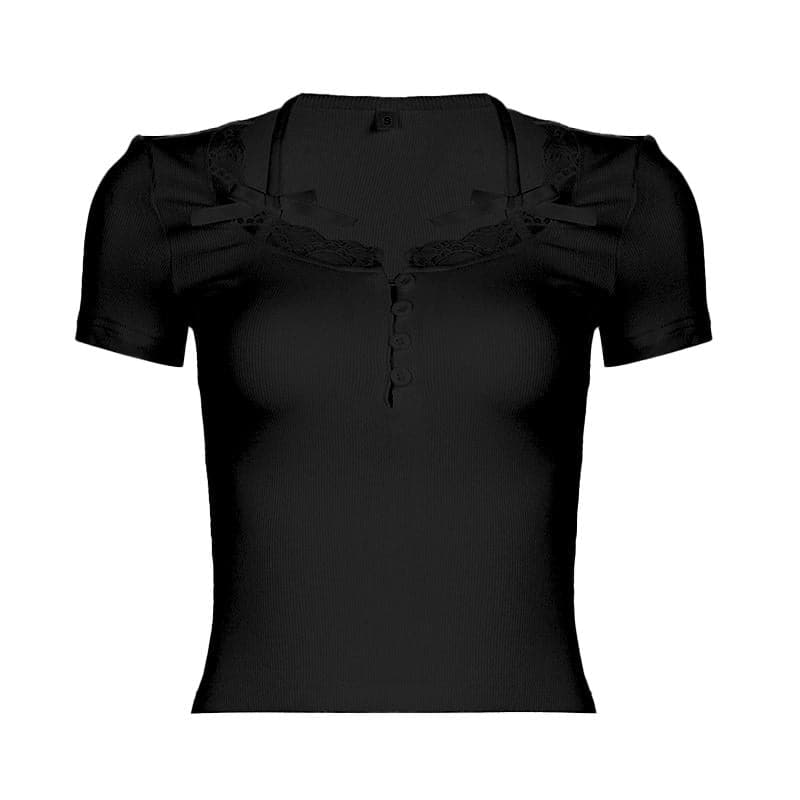 Short sleeve lace hem ribbed bowknot button crop top