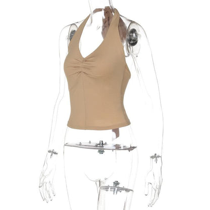 Halter ruched knotted solid top