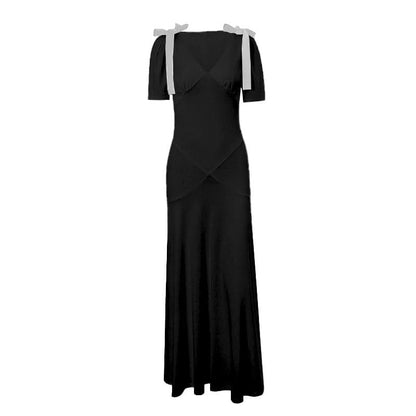 Short puff sleeve bowknot v neck maxi dress