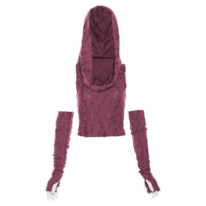 Textured off shoulder hoodie gloves cowl neck crop top