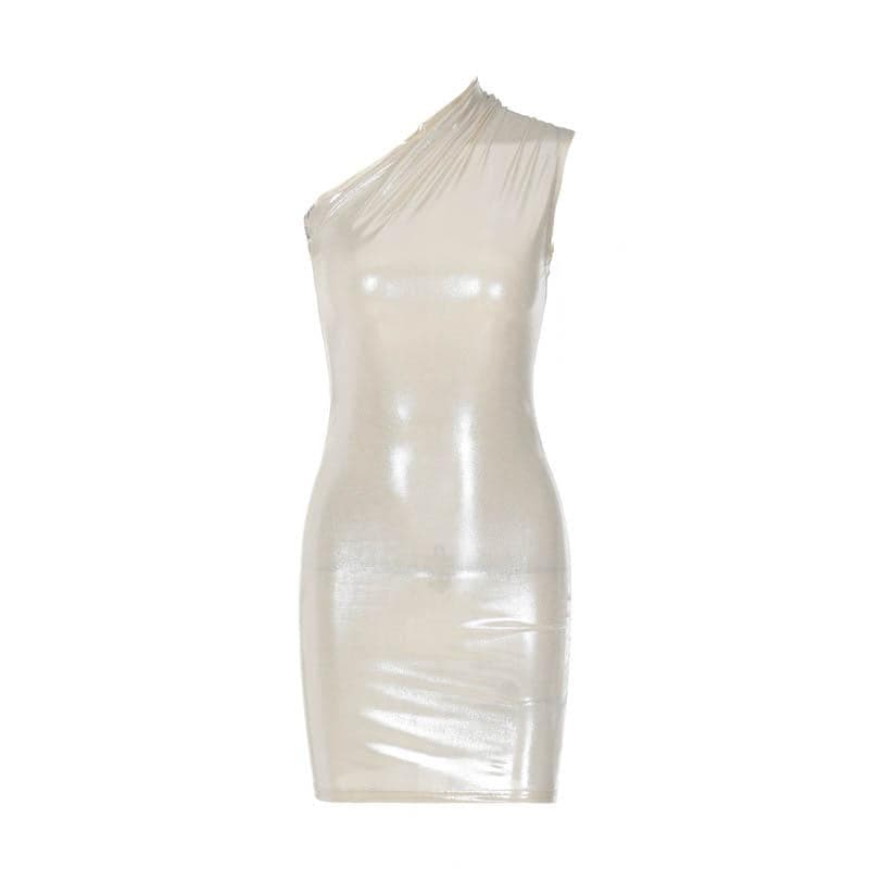 Metallic One Shoulder Ruched Asymmetric Bodycon Mini Dress