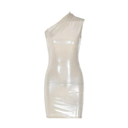 Metallic One Shoulder Ruched Asymmetric Bodycon Mini Dress