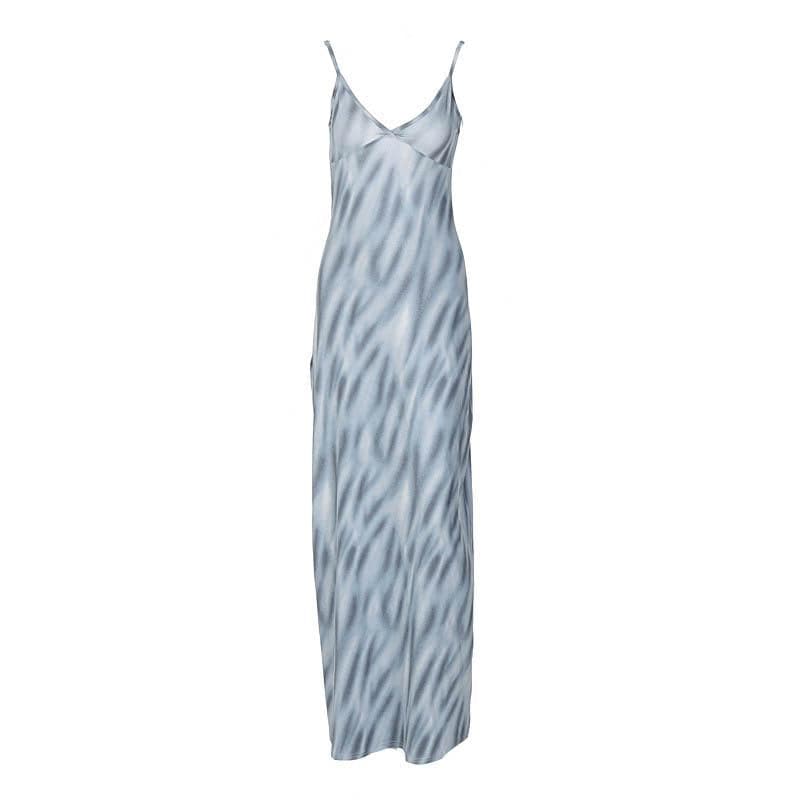 V Neck Spaghetti Strap Abstract Swirl Print Bodycon Maxi Dress
