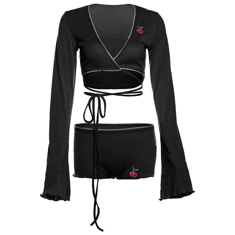Long sleeve v neck cherry embroidery self tie pant set