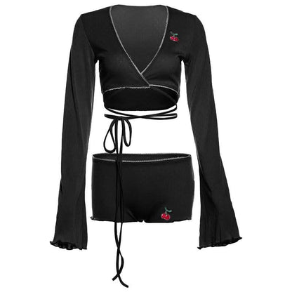 Long sleeve v neck cherry embroidery self tie pant set