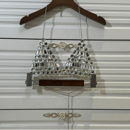 Halter metal chain beaded v neck top