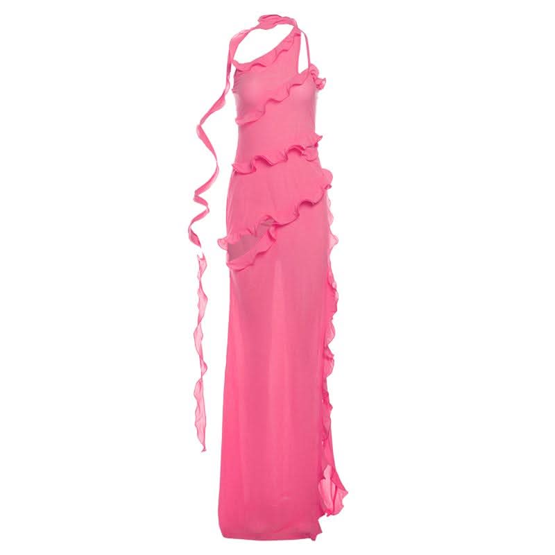One shoulder ruffle irregular high slit maxi dress-final-sale