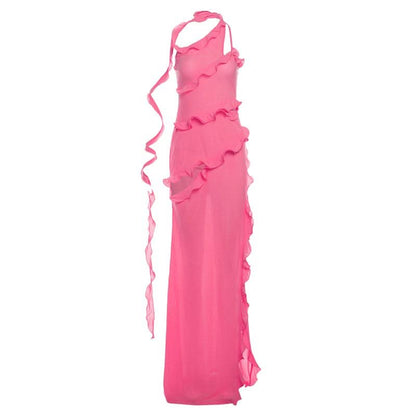 One shoulder ruffle irregular high slit maxi dress-final-sale