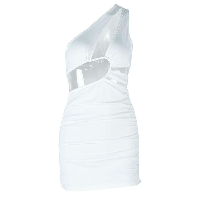 Irregular hollow out ruched one shoulder cut out mini dress