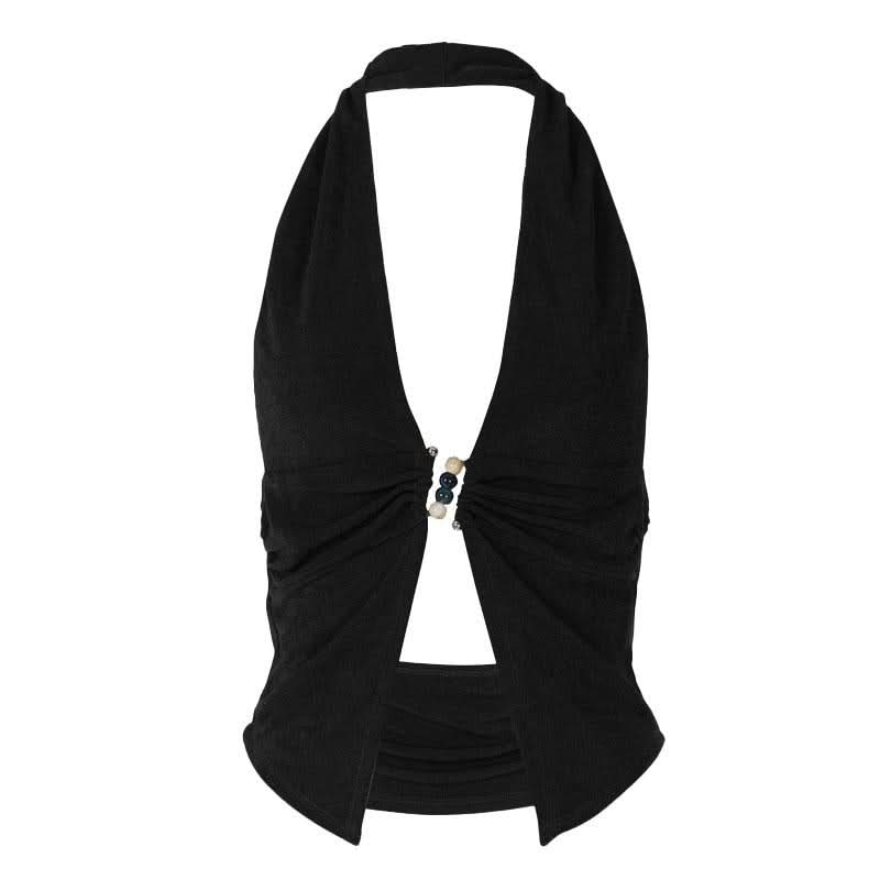 Halter deep V neck beaded ruched slit top