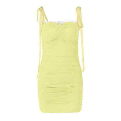 Ruched lace hem self tie square neck backless mini dress
