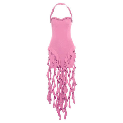 Halter ruffle sweetheart neck solid midi dress