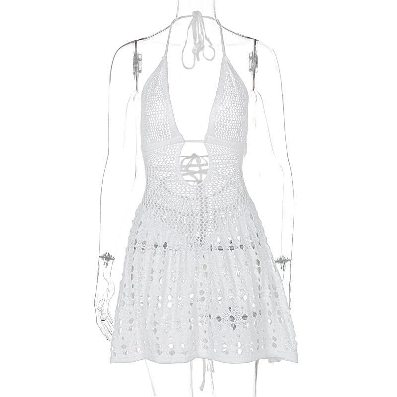 Halter knitted deep V neck see through mini dress