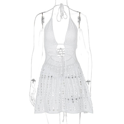 Halter knitted deep V neck see through mini dress