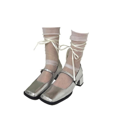 Sheer mesh ribbon contrast socks