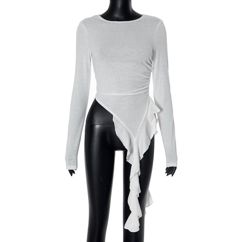 Long sleeve ruched irregular ruffle crewneck top