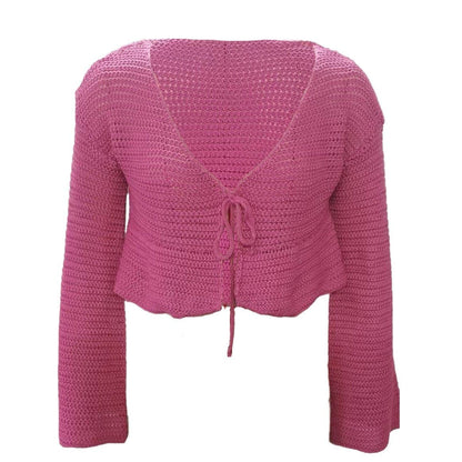V neck self tie knit crochet long sleeve solid crop top