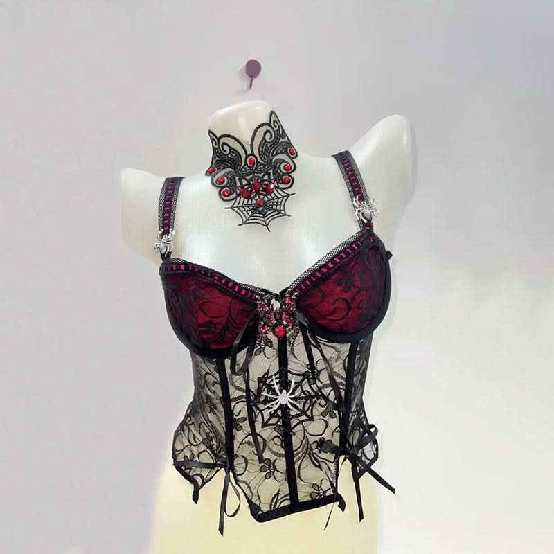 V neck bowknot spider applique cross pattern cami top