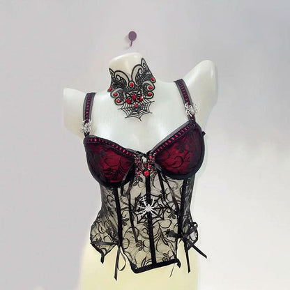 V neck bowknot spider applique cross pattern cami top