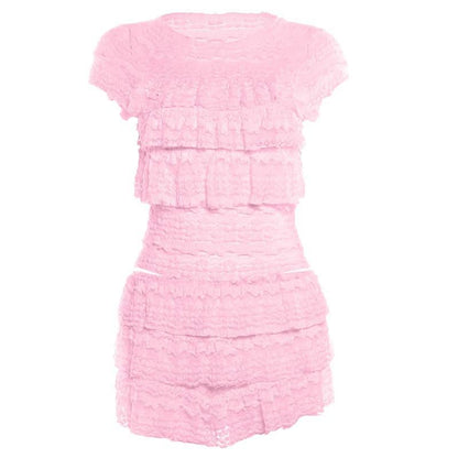 Crewneck ruffle lace ruched cap sleeve pant set