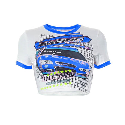 Short sleeve car pattern contrast patchwork crop top