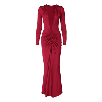 Ruched long sleeve v neck solid 2-way maxi dress-final-sale
