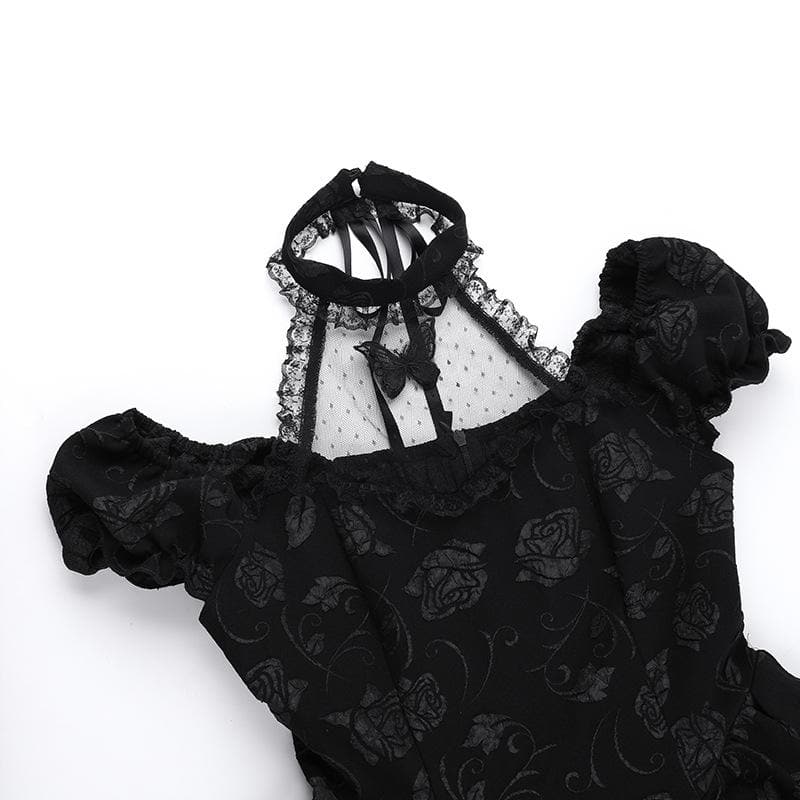 Short sleeve halter off shoulder butterfly flower pattern lace mini dress