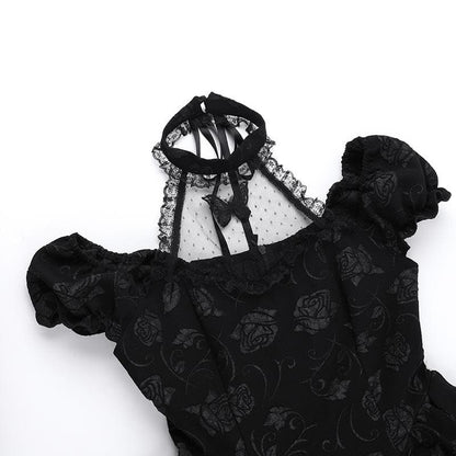 Short sleeve halter off shoulder butterfly flower pattern lace mini dress