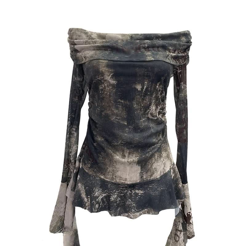 Long sleeve mesh print off shoulder ruched top