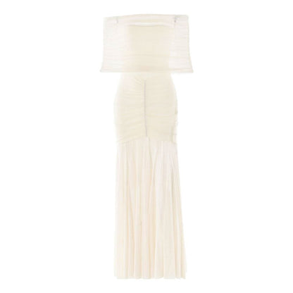 Off shoulder ruched mesh patchwork solid maxi dress