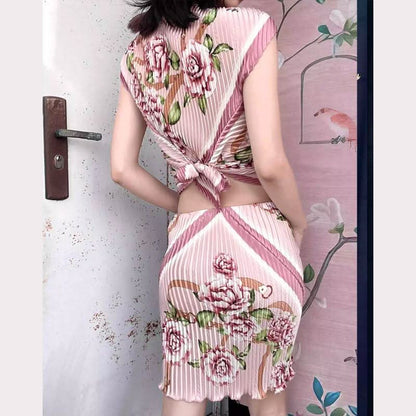 Bowknot ruffle ruched contrast flower print skirt set